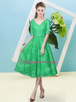 Eye-catching Turquoise Half Sleeves Tea Length Bowknot Lace Up Wedding Guest Dresses