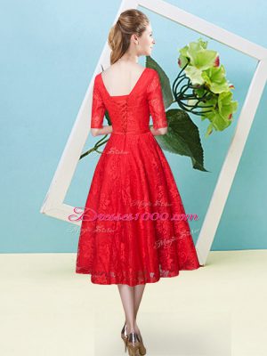 Eye-catching Turquoise Half Sleeves Tea Length Bowknot Lace Up Wedding Guest Dresses