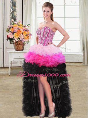 Ideal Multi-color Organza Lace Up Prom Gown Sleeveless High Low Beading and Ruffles