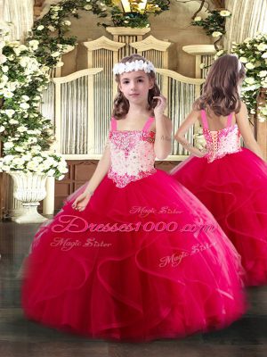 Straps Sleeveless Tulle Kids Pageant Dress Beading and Ruffles Lace Up
