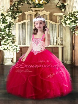 Straps Sleeveless Tulle Kids Pageant Dress Beading and Ruffles Lace Up