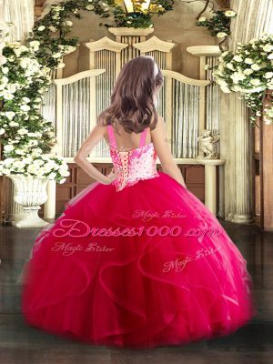 Straps Sleeveless Tulle Kids Pageant Dress Beading and Ruffles Lace Up