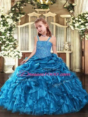Great Blue Lace Up Party Dresses Beading and Ruffles Sleeveless Floor Length