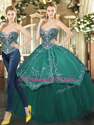 Chic Dark Green Lace Up Sweetheart Beading and Appliques Sweet 16 Quinceanera Dress Tulle Sleeveless