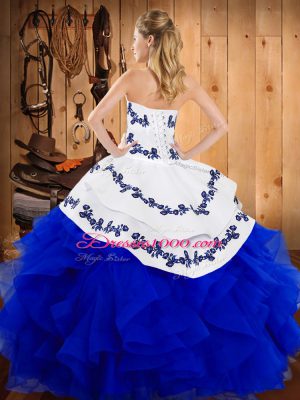 Traditional Turquoise Ball Gowns Satin and Organza Strapless Sleeveless Embroidery and Ruffles Floor Length Lace Up Sweet 16 Dresses