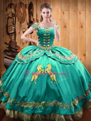 Off The Shoulder Sleeveless Satin and Organza Sweet 16 Dress Beading and Embroidery Lace Up