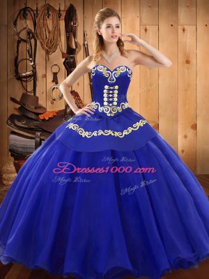 Dynamic Sweetheart Sleeveless Satin and Tulle Ball Gown Prom Dress Embroidery Lace Up