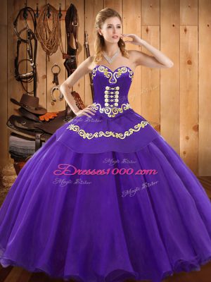 Classical Purple Sleeveless Floor Length Embroidery Lace Up 15th Birthday Dress