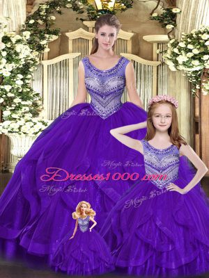Eggplant Purple Sleeveless Beading and Ruffles Floor Length Sweet 16 Dresses