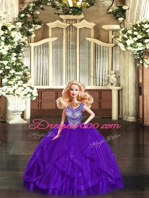 Eggplant Purple Sleeveless Beading and Ruffles Floor Length Sweet 16 Dresses