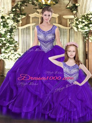 Eggplant Purple Sleeveless Beading and Ruffles Floor Length Sweet 16 Dresses