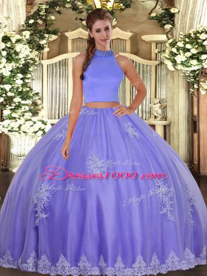 Floor Length Backless 15 Quinceanera Dress Lavender for Military Ball and Sweet 16 and Quinceanera with Beading and Appliques
