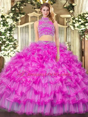 High End Sleeveless Floor Length Beading and Ruffled Layers Backless Sweet 16 Quinceanera Dress with Lilac