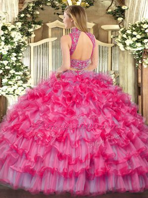 High End Sleeveless Floor Length Beading and Ruffled Layers Backless Sweet 16 Quinceanera Dress with Lilac