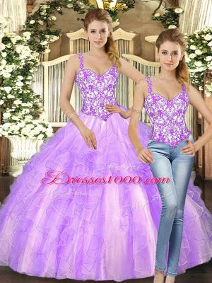 Glittering Lilac Straps Neckline Beading and Ruffles Quinceanera Gown Sleeveless Lace Up
