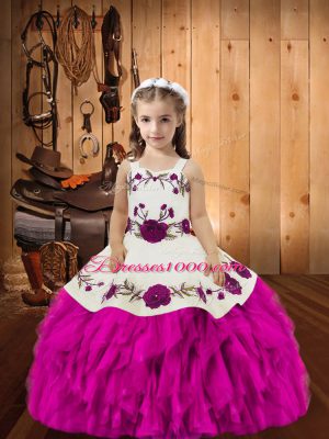 Affordable Floor Length Mermaid Sleeveless Fuchsia Little Girls Pageant Gowns Lace Up