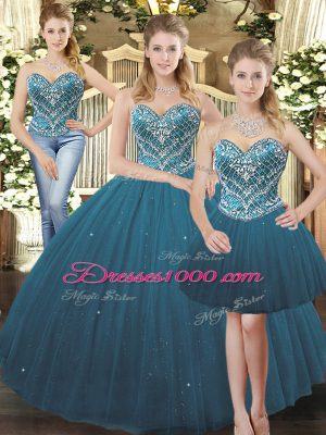 Hot Selling Teal Tulle Lace Up Sweetheart Sleeveless Floor Length Quince Ball Gowns Beading