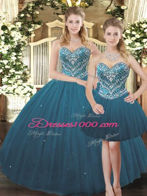 Hot Selling Teal Tulle Lace Up Sweetheart Sleeveless Floor Length Quince Ball Gowns Beading