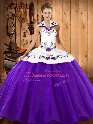 Purple Halter Top Lace Up Embroidery Sweet 16 Dresses Sleeveless