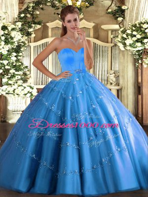 Custom Designed Sweetheart Sleeveless Sweet 16 Dress Floor Length Beading and Appliques Baby Blue Tulle