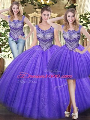 Sleeveless Tulle Floor Length Lace Up Vestidos de Quinceanera in Lavender with Beading