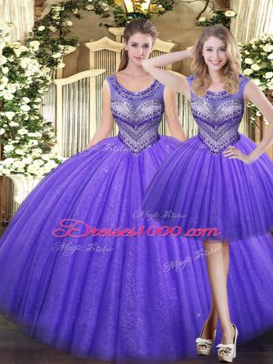 Sleeveless Tulle Floor Length Lace Up Vestidos de Quinceanera in Lavender with Beading