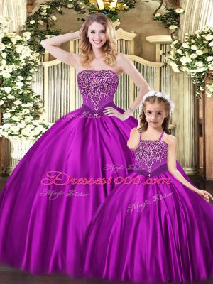 Glamorous Eggplant Purple Sleeveless Floor Length Beading Lace Up Vestidos de Quinceanera