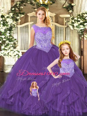 Purple Sleeveless Organza Lace Up Ball Gown Prom Dress for Military Ball and Sweet 16 and Quinceanera
