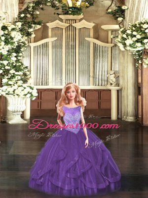 Purple Sleeveless Organza Lace Up Ball Gown Prom Dress for Military Ball and Sweet 16 and Quinceanera