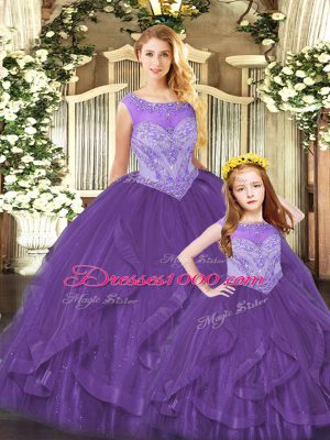 Purple Sleeveless Organza Lace Up Ball Gown Prom Dress for Military Ball and Sweet 16 and Quinceanera