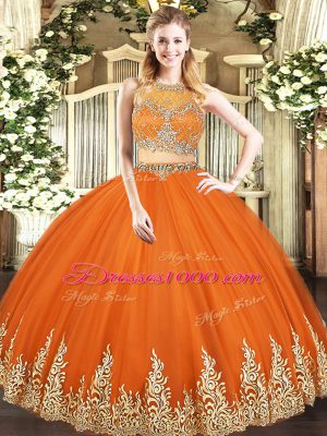 Orange Red Zipper Sweet 16 Dresses Beading and Appliques Sleeveless Floor Length