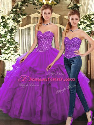 Sweet Purple Organza Lace Up Sweetheart Sleeveless Floor Length Quinceanera Dress Beading and Ruffles