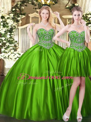 Green Ball Gowns Sweetheart Sleeveless Tulle Floor Length Lace Up Beading Sweet 16 Quinceanera Dress