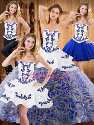 Satin and Fabric With Rolling Flowers Sleeveless With Train Quinceanera Gown Sweep Train and Embroidery