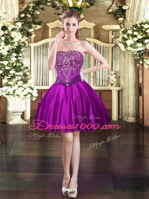 Noble Mini Length Purple Prom Gown Satin Sleeveless Beading
