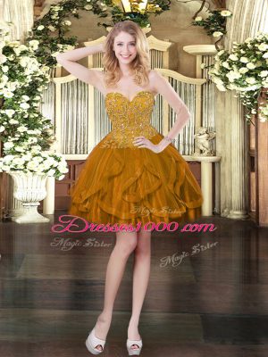 Unique Brown Sleeveless Mini Length Beading and Ruffles Lace Up Prom Party Dress
