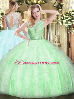 Fashionable Scoop Sleeveless Sweet 16 Quinceanera Dress Floor Length Lace and Ruffles Apple Green Organza