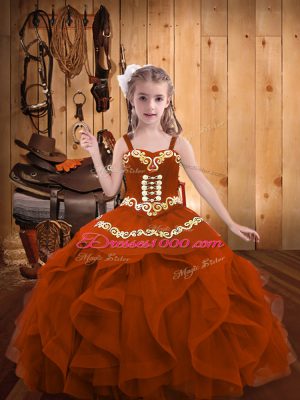 Exquisite Ball Gowns Little Girls Pageant Dress Wholesale Rust Red Straps Organza Sleeveless Floor Length Lace Up