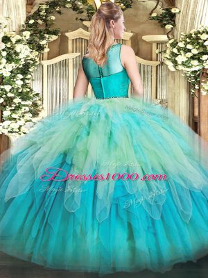 On Sale Green Ball Gowns Organza Scoop Sleeveless Beading and Ruffles Floor Length Zipper Vestidos de Quinceanera