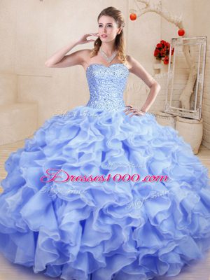 Great Organza Sweetheart Sleeveless Lace Up Beading and Ruffles Ball Gown Prom Dress in Lavender