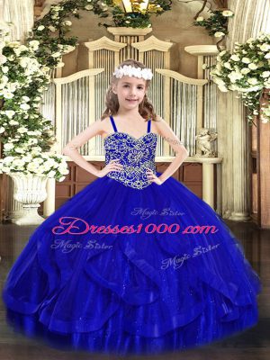 Adorable Royal Blue Lace Up Little Girls Pageant Dress Beading and Ruffles Sleeveless Floor Length