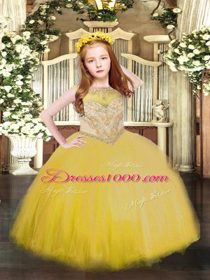 Fashion Gold Ball Gowns Beading Pageant Dress for Teens Zipper Tulle Sleeveless Floor Length