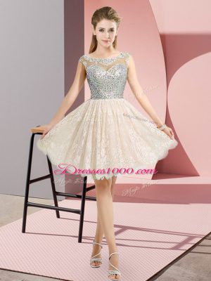 Champagne Prom Dresses Prom and Party with Beading Scoop Cap Sleeves Backless