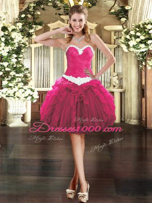 Deluxe Sleeveless Mini Length Appliques and Ruffles Lace Up with Fuchsia