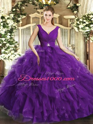 Fashion Purple V-neck Neckline Beading and Ruffles Vestidos de Quinceanera Sleeveless Backless