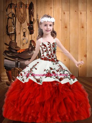 Red Ball Gowns Embroidery and Ruffles Pageant Gowns For Girls Lace Up Organza Sleeveless Floor Length