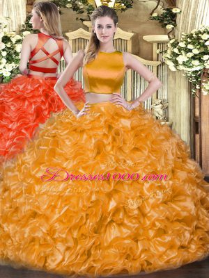 Dazzling Two Pieces 15 Quinceanera Dress Orange Red High-neck Tulle Sleeveless Floor Length Criss Cross