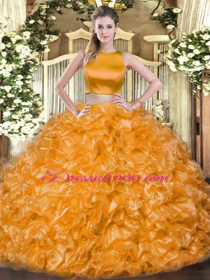 Dazzling Two Pieces 15 Quinceanera Dress Orange Red High-neck Tulle Sleeveless Floor Length Criss Cross