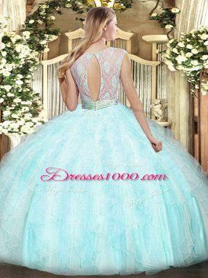 Fitting Light Yellow Scoop Neckline Lace and Ruffles 15 Quinceanera Dress Sleeveless Backless