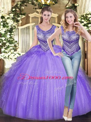 Scoop Sleeveless Ball Gown Prom Dress Floor Length Beading and Ruffles Lavender Tulle